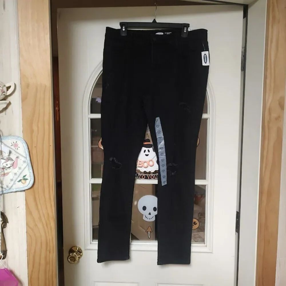 New Old Navy Black Pop Icon Skinny Mid Rise Distressed Jeans Size Women's 14